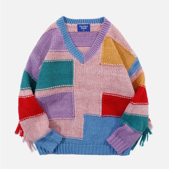 Aelfric Eden Colorful Rainbow Fringe Sleeve Chunky Knit Sweater Size Medium - Picture 1 of 6